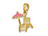 14k Yellow Gold 3D Pink Enamel Beach Chair and Umbrella Pendant