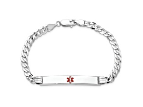 Rhodium Over 14k White Gold Medical Red Enamel Flat Curb Link ID Bracelet