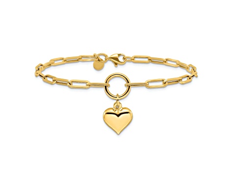 14k Yellow Gold Polished Puffed Heart Paper Clip Link Bracelet