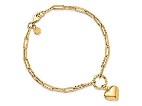 14k Yellow Gold Polished Puffed Heart Paper Clip Link Bracelet