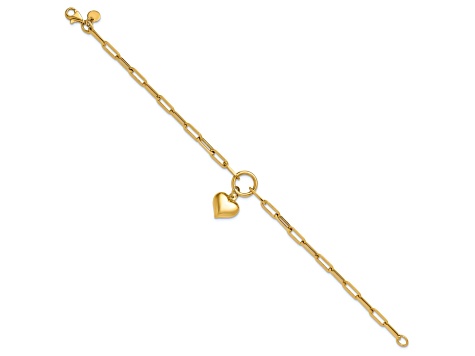 14k Yellow Gold Polished Puffed Heart Paper Clip Link Bracelet