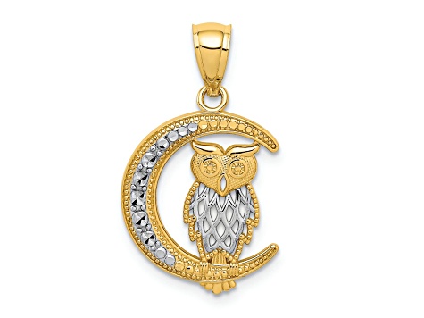 14K Two-tone Gold Diamond-cut Owl on the Moon Pendant