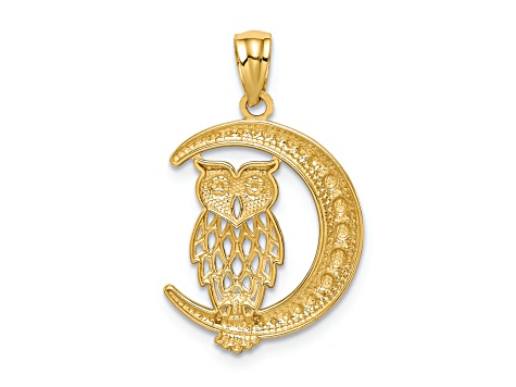 14K Two-tone Gold Diamond-cut Owl on the Moon Pendant