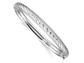Rhodium Over 14k White Gold 6.2mm Textured and Diamond-Cut Twisted Hinged Bangle