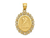 14k Yellow Gold Solid Satin, Polished and Textured Aquarius Zodiac Oval Pendant