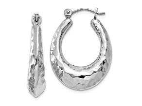 Rhodium Over 14k White Gold Polished and Hammered 7/16" Oval Hoop Earrings
