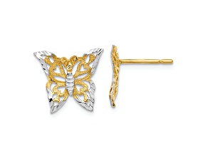 10k Yellow Gold and Rhodium Over 10k Yellow Gold Textured Butterfly Stud Earrings