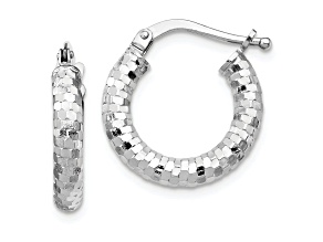 Rhodium Over 14K White Gold 3/8" Diamond-Cut Hoop Earrings