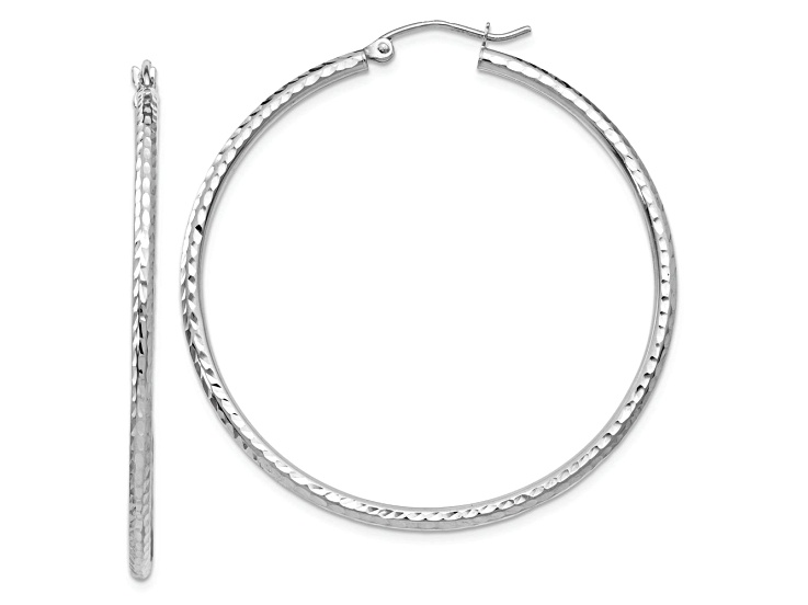 Rhodium Over 10k White Gold Diamond-Cut 1 3/4" Round Tube Hoop Earrings