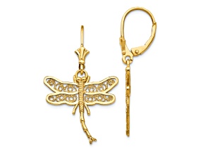 14k Yellow Gold Dragonfly with Filigree Wings Dangle Earrings