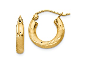 14k Yellow Gold Satin and Diamond-Cut 9/16" Round Hoop Earrings