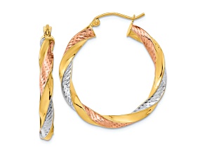 14K Two-tone Gold 1 1/4" Polished Diamond-Cut Twist Hoop Earrings