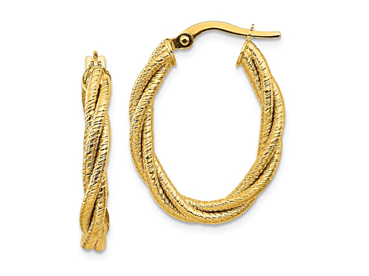 14k Yellow Gold Polished and Textured 1" Twisted Oval Hoop Earrings