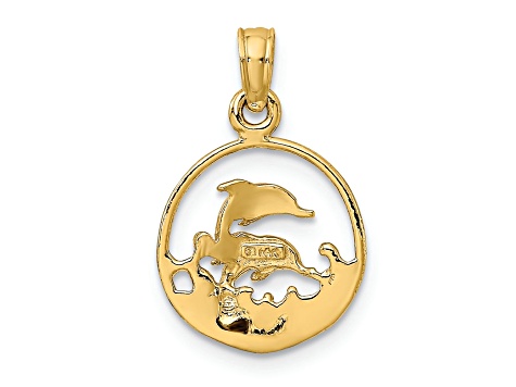 14k Yellow Gold Two Dolphins in Circle Pendant