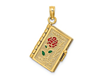 Picture of 14k Yellow Gold 3D Moveable Brushed and Textured LOVE Book Pendant with Enameled Flower