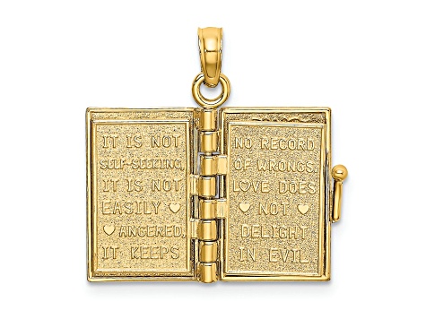 14k Yellow Gold 3D Moveable Brushed and Textured LOVE Book Pendant with Enameled Flower