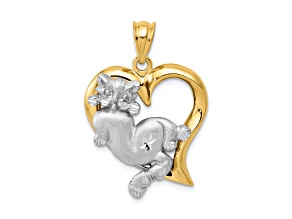 14k Two-tone Gold Polished Brushed Diamond-Cut Cat in Heart Charm