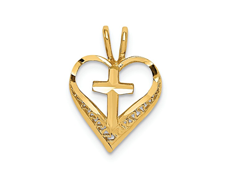14k Yellow Gold Diamond-Cut Heart with Cross Chain Slide Pendant