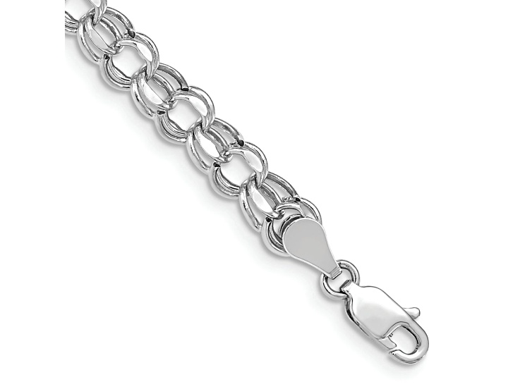 Rhodium Over 14k White Gold 5.5mm Diamond-Cut Double Link Charm Bracelet
