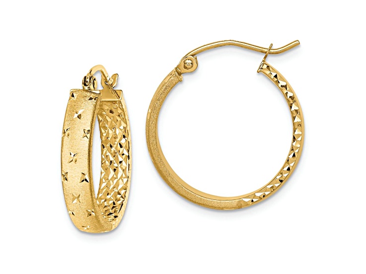 14k Yellow Gold Polished, Diamond-Cut and Satin 3/4" In and Out Hoop Earrings