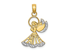 14k Yellow Gold and Rhodium Over 14k Yellow Gold Polished Textured Angel with Faith Charm