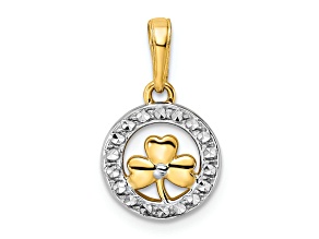 14K Yellow Gold with White Rhodium Diamond-Cut Clover in Circle Pendant