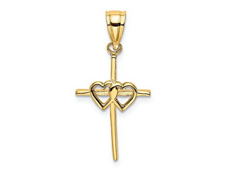 14K Yellow Gold Polished Double Hearts On Stick Cross Charm Pendant