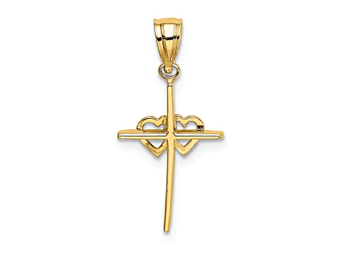 14K Yellow Gold Polished Double Hearts On Stick Cross Charm Pendant