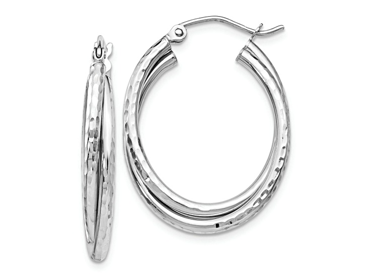 Rhodium Over 14k White Gold 11/16" Diamond-Cut Polished Oval Hoop Earrings