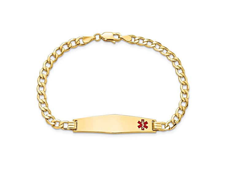 14k Yellow Gold Medical Soft Diamond Shape Red Enamel Curb Link ID Bracelet