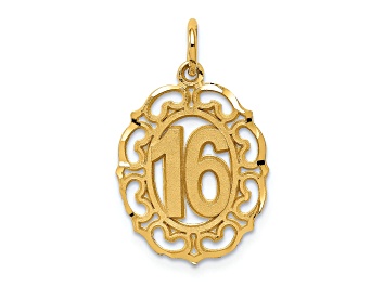Picture of 14k Yellow Gold Diamond-Cut and Brushed Number 16 in Oval Pendant