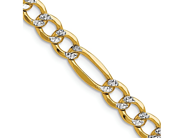 14k Yellow Gold and Rhodium Over 14k Yellow Gold 6.5mm Textured Pave Figaro 24 Inch Chain