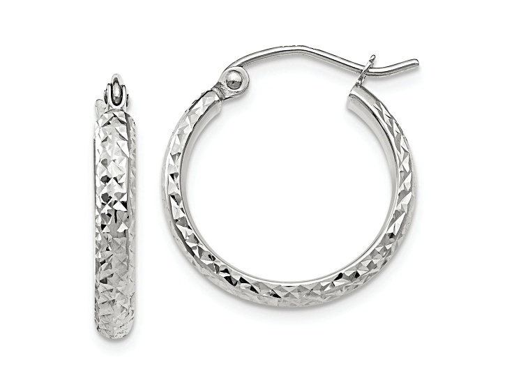 Rhodium Over 10k White Gold 11/16" Diamond-Cut Hoop Earrings