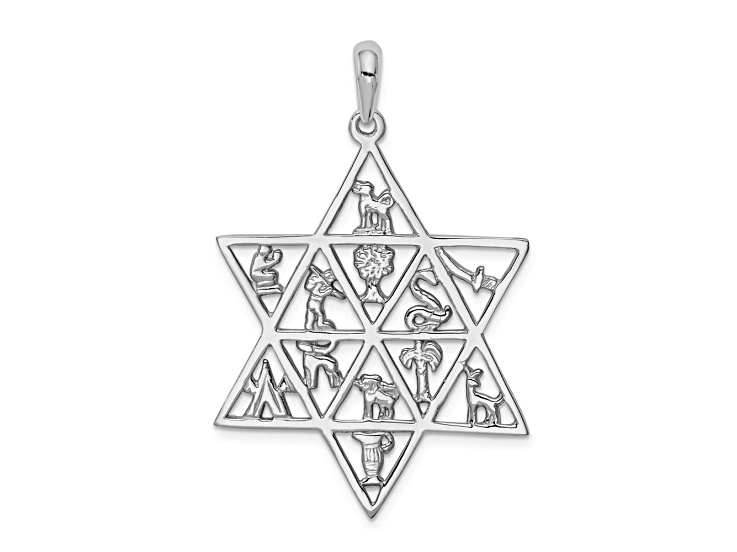 Rhodium Over 14k White Gold 12 Tribes Star of David Pendant