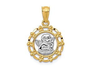 14k Two-tone Gold Diamond-Cut Framed Cherub Pendant