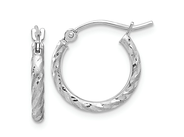 Rhodium Over 14k White Gold Polished, Satin and Diamond-Cut 11/16" Hoop Earrings