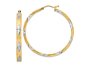 14K Two-tone Gold 1 13/16" Satin Diamond-Cut Fancy Hoop Earrings