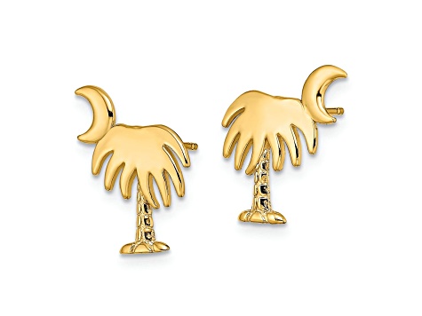 14K Yellow Gold Textured Charleston Palm Tree with Moon Stud Earrings