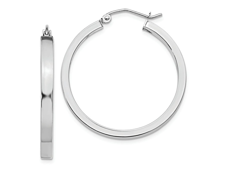 Rhodium Over 14k White Gold 1 3/16" Rectangle Tube Hoop Earrings