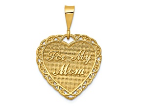 14k Yellow Gold Brushed and Textured Reversible For My Mom Heart Pendant