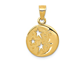 10K Yellow Gold Polished and Textured Moon with Three Stars Pendant
