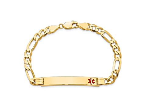 14k Yellow Gold Medical Red Enamel Flat Figaro Link ID Bracelet