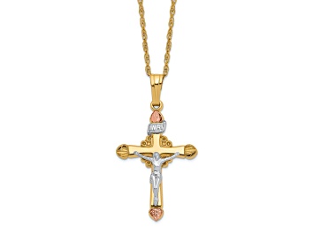 Picture of 10k Yellow Gold and Rhodium Over 10k Yellow Gold With 12k Gold Accent Cross Pendant 18 Inch Chain