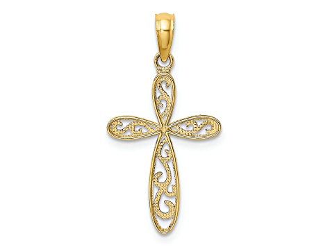 14k Yellow Gold and Rhodium Over 14k Yellow Gold Textured Filigree and Milgrain Cross Pendant