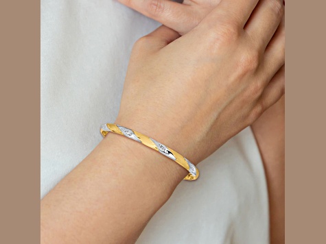 14K Two-tone Yellow and White Gold Polished Satin Diamond-cut Flexible Bangle