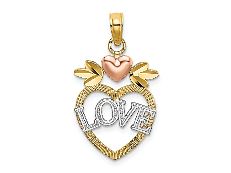 14k Two-tone Gold with Rhodium Over 14k Yellow Gold Textured LOVE Inside Heart Pendant