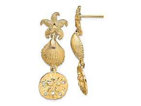 14k Yellow Gold Textured Starfish, Shell with Sand Dollar Dangle Earrings