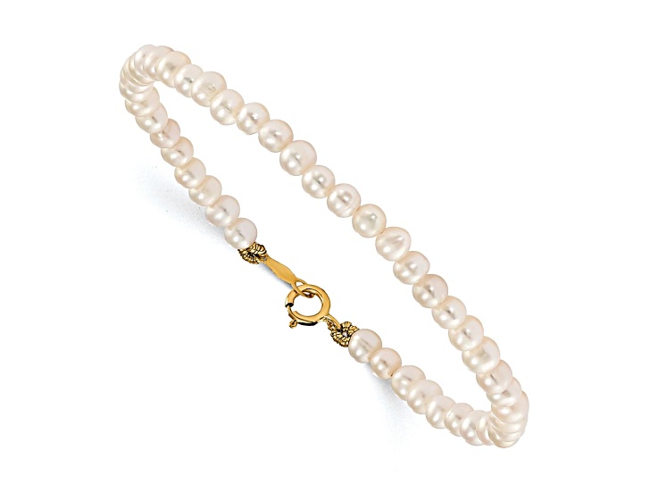 14k Yellow Gold Kid's 3-Piece Set with 4.5mm White FWC Pearl Necklace, Stud Earrings and Bracelet