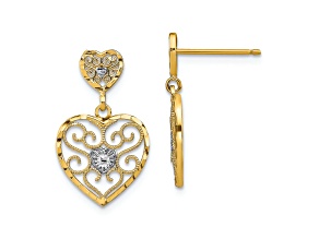 14k Yellow Gold and Rhodium Over 14k Yellow Gold Diamond-cut Heart Beaded Filigree Dangle Earrings