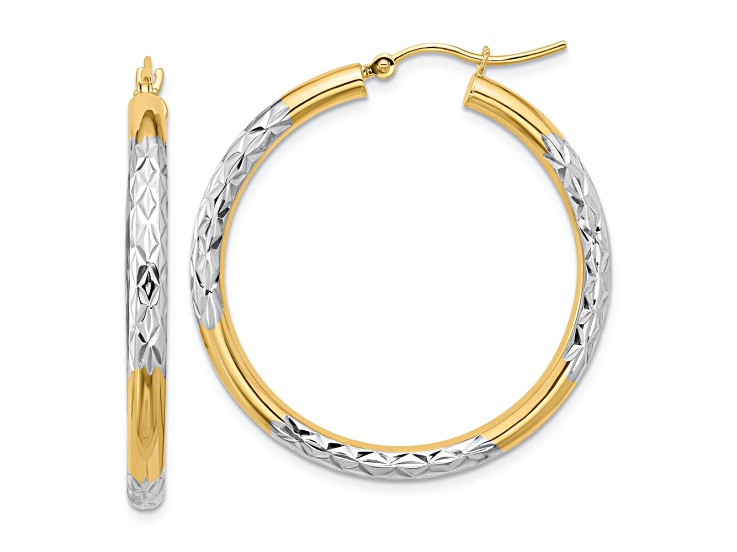10k Yellow Gold and Rhodium Over 10k Yellow Gold Diamond-Cut 1 7/16" Hoop Earrings